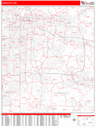 Kansas City Wall Map Zip Code Red Line Style 2024